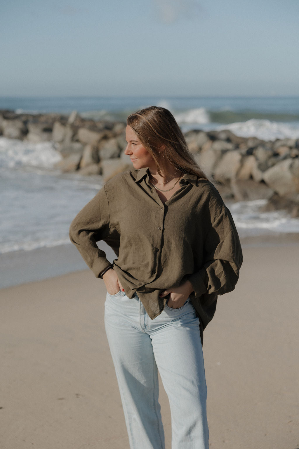 Lounge Oversized Button Up in Olive - Dose of Soleil