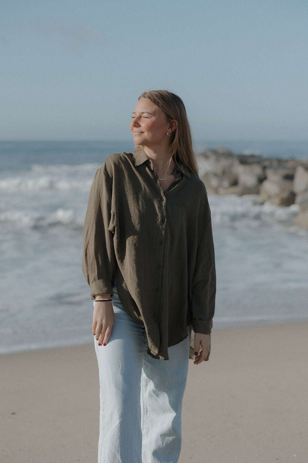 Lounge Oversized Button Up in Olive - Dose of Soleil