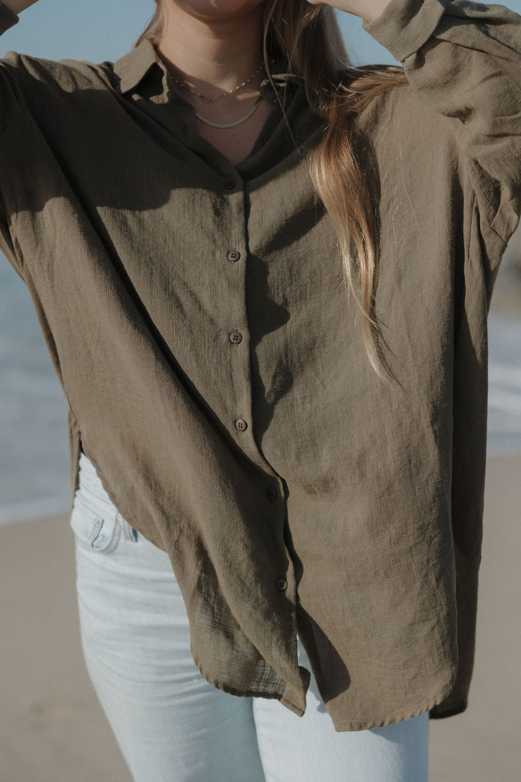 Lounge Oversized Button Up in Olive - Dose of Soleil