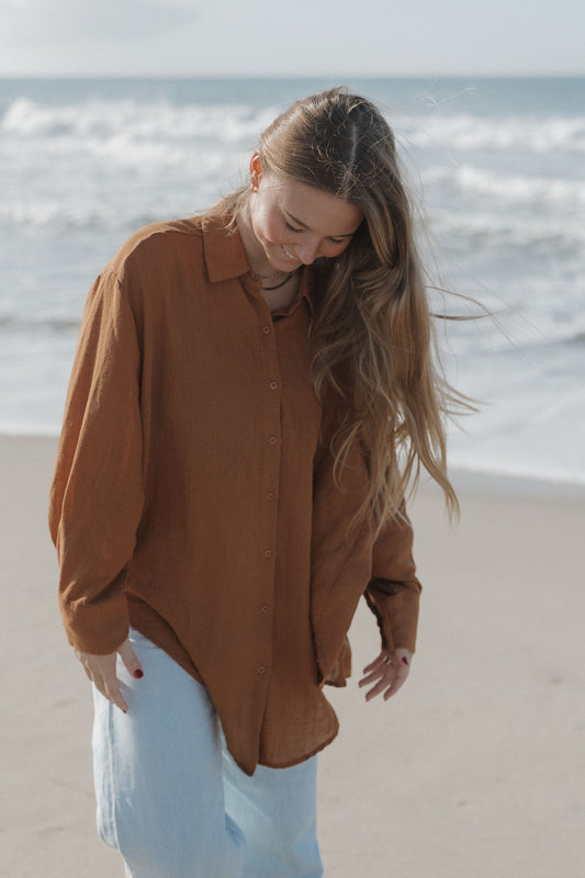 Lounge Oversized Button Up in Cinnamon - Dose of Soleil